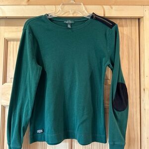 LRL Ralph Lauren Shirt Womens L Stripe Long Sleeve Elbow Patch Shoulder Zip